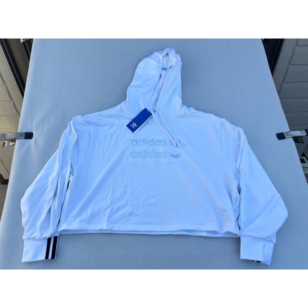 Adidas White Cropped Hoodie Hooded Sweatshirt‎ Trefoil Logo Size M
